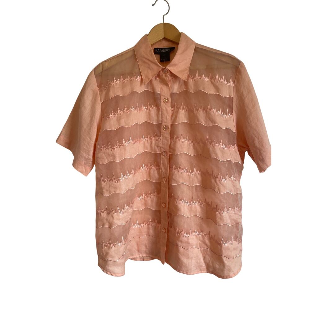 Harmony Short Sleeve Linen Button Up Shirt Peach Sheer Collar 18w Eclectic Art